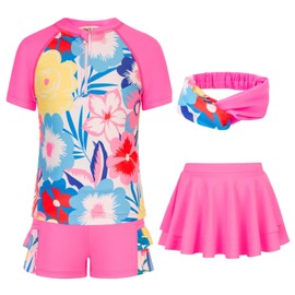 GRACE KARIN Girls 3-Piece Swimsuit Short Sleeve Rash Guard Bathing Suit Zip Front Swimwear Hot Pink 8Y