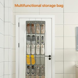 YUNYODA Over the Door Organiser for Shoes, Hanging Shoe Organiser Storage Bag with 28 Pockets, Foldable Hanging Organiser with 2 Hooks for Bedroom, Living Room, Bathroom, Grey