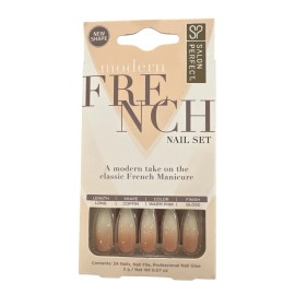Salon Perfect 24 Nails Modern French Long Coffin Glossy Tan+Beige Ombre Effect