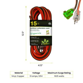 Go Green Power Inc. (GG-13715) 16/3 SJTW Outdoor Extension Cord, Orange, 15 ft