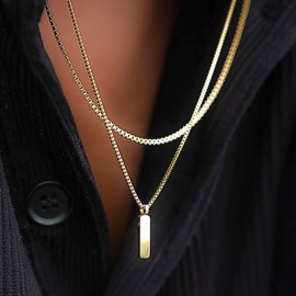 QueenBee 14K Gold Box Bar Pendant Men’s Necklace, Waterproof Minimalist Chain for Him, Hypoallergenic Gold Chain, Birthday, Father’s Day, Valentine’s Day Gift for Men, Non-fading Jewelry.
