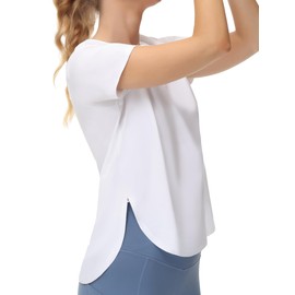 THE GYM PEOPLE Women's Workout T-Shirts Loose Fit Short Sleeve Cotton Running Basic Tee Tops with Split Hem White