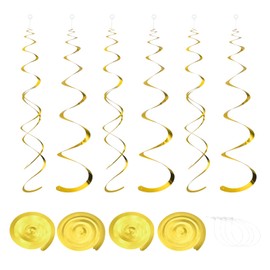 sourcing map 24 Pcs Gold Party Hanging Swirls Single Double Strip Hanging Decorations Foil Swirling Hanging Plastic Ceiling Streamers for Birthday Party with Hang Tag Hook & Strip