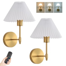 Battery Operated Wall Sconces Set of 2, Gold Rechargeable Wall Lights with Remote, Dimmable Wall Lamp with Pleated Shade,15 Colors Wireless Bathroom Wall Sconce for Bedroom Living Room Hallway