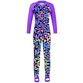 TFJH E Long Sleeve Girls Swimwear One Piece Bathing Suits UV 50+ Rashguard Sunsuits Beachwear Purple Leopard 164/170