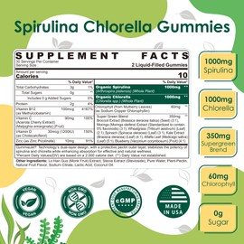 Nextdia Organic Spirulina Chlorella Gummies, Nutrient-Dense Superfood Rich in Vegan Protein, Super Greens & Chlorophyll + Vitamin C & D3, Zinc, B12 for Natural Energy, Powerful Antioxidants, Sugar Free,60 Cts