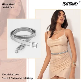 LEACOOLKEY Women Metal Skinny Belt for Dress Gold Elastic Thin Waist Belt Stretch Dress Belt, D-silver, Suit for Waist Size 25"-28"
