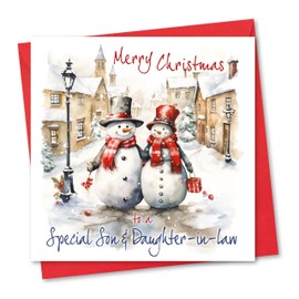 Christmas Card for Son & Daughter-in-law. Mr and Mrs Snowman Design. Eco-friendly & UK Made. Verse Inside. 148x148mm card size.