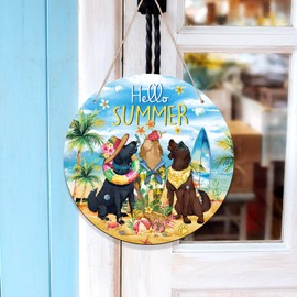Anglechic Summer Labrador Dog Wreath for Front Door Wooden Summer Beach Door Sign Decoration Rustic Hello Summer Door Hanger Farmhouse Hawaii Tropic Summer Decorations for Home Porch Wall Outside