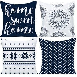 Farmhouse Outdoor Pillow Covers 18x18 Inch Set of 4 for Couch, Decorative Boho Square Navy Blue Accent Linen Fabric Pillow Case Cover for Living Room Cushions Sofa Chair Bed Modern Home Decoration