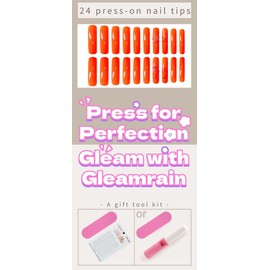 Gleamrain Curved Press on Nails Square Long Orange Red Design Fake Nail for Women Prom or Party 24pcs
