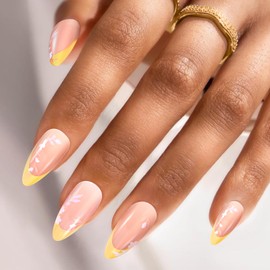 Swooflia Medium Almond Press On Nails French Tip – Orange Flower Fake Nail Glue Stick On Acrylic Artificial Flase Fingernails for Women, 24 PCS Reusable Handmade Manicure Art Nails with Stickers Glue