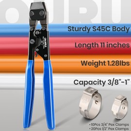 OURU Pex Crimping Tool Crimper with Stainless Steel Pex Clamps(20pcs 1/2",10pcs 3/4") Ratchet Pex Clamp Crimp Cinch Tool from 3/8" to 1"