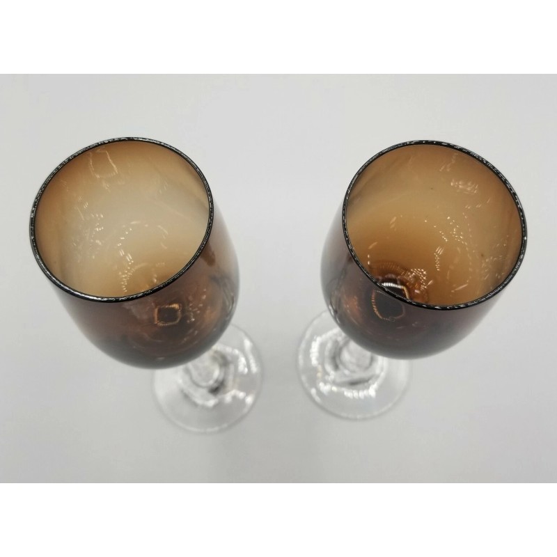 Pier 1 Crackle Glass Brown SET of 2 Champagne Flutes