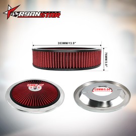 RYANSTAR RACING 14" x 3" Round Air Cleaner Filter Assembly kit Includes Flow-Thru Lid Washable Air Filter Element Compatible with Chevy Ford GMC Red
