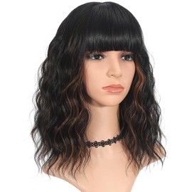 MINLEE Black Mix Brown Wig with Bangs for Women 14 Inch Short Bob Wavy Curly Wig Black Mixed Brown Hair Wigs Heat Resistant Synthetic Wigs