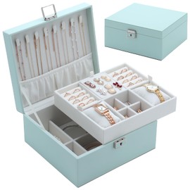 LISRUGEN 2-Layer Jewelry Boxes for Women - Jewelry Box with Lock and Handles, Large Jewelry Organizer Box Storage Womens, Removable Jewelry Tray, 8.1 x 9.3 x 4.4 Inches, Green