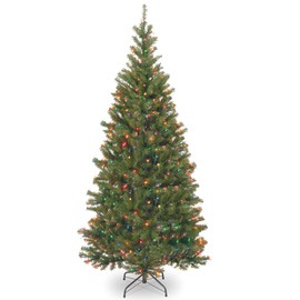 National Tree Company Pre-Lit Artificial Slim Christmas Tree, Green, Aspen Spruce, Multicolor Lights, Includes Stand, 6 Feet