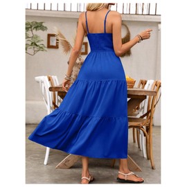 BEAUDRM Women's Boho Maxi Dress for Wedding Guest Vacation Ruffle Flowy Milkmaid Dress Summer Ruched Slit Sundress Royal Blue X-Large