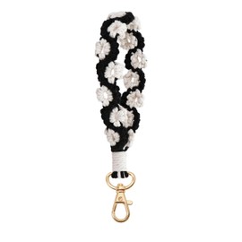 Women's Two-tone Macrame Keychain Boho Handmade Weave Wristlet Bracelet Keychain Flower Wrist Lanyard Holder (Black and white, One size)