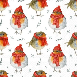 IHR Ideal Home Range Cocktail Napkins Disposable 3-Ply Paper Party Napkin Pack, 5" x 5", Robin In Winter, 20-Count