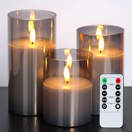 Amagic Glass Flameless Candles, Battery Operated Candles, LED Pillar Candles with Remote Control and Timer, Electric Fake Candles, Wax, Grey Glass, D3 H4 5" 6", Set of 3