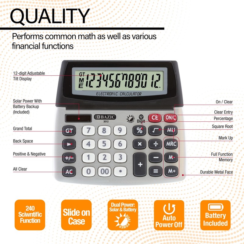 BAZIC 12-Digit Dual Power Desktop Calculator with Adjustable Display (3012)