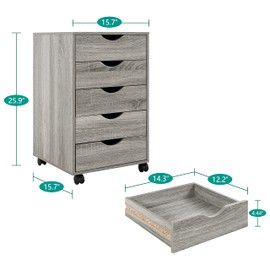 Naomi Home 5 Drawer Dresser for Bedroom, Stylish Tall Dressers with Wheels, Storage Shelves, Small Dresser for Closet, Makeup Dresser with 180 lbs Capacity - Gray Oak