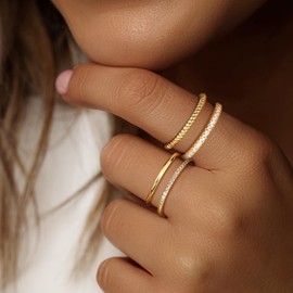 Florideco Stackable Gold Rings for Women - 14K Gold Plated Stackable Thin Ring - Minimalist Non Tarnish Cubic Zirconia Band Rings - Dainty Trendy Statement Stacking Ring Set Size 7