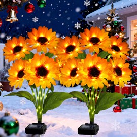 yulloyello Solar Sunflower Lights 2 Pack with 12 Outdoor Decorative Lights for Xmas Gift for Mom and Friends, IP65 Waterproof Sunflower Garden Stake Lights for Yard Patio Lawn Pathway (Warm White)