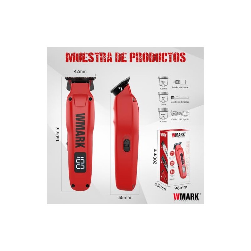 WMARK1205 Maquina Para Cortar Cabello,Profesional,Inalámbrica,7000 RPM Rojo