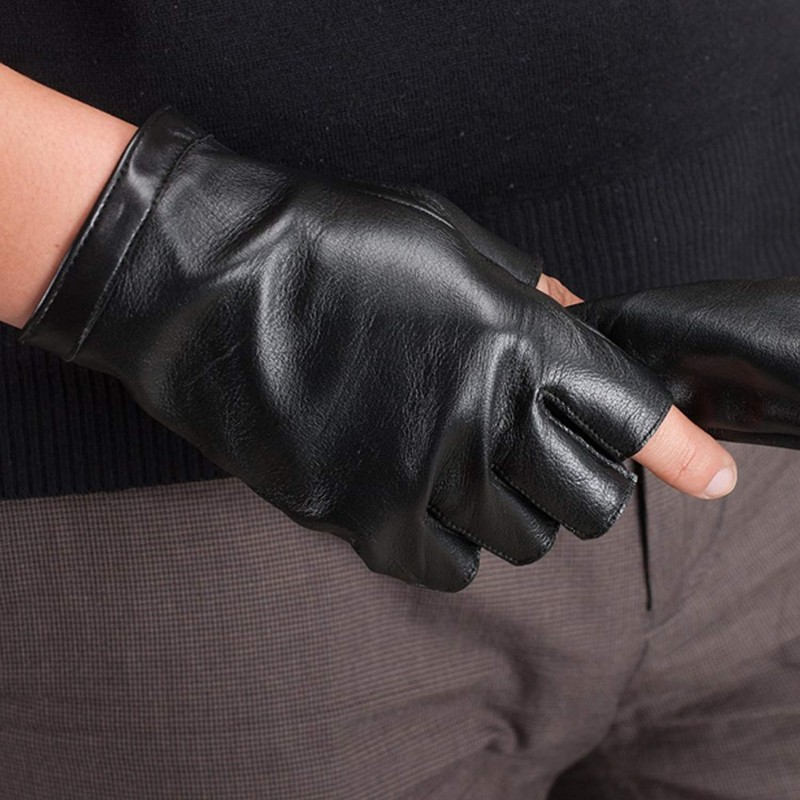 Nappaglo Men's Short Fingerless Leather Fingerless Gloves, Winter, Inner Warm,