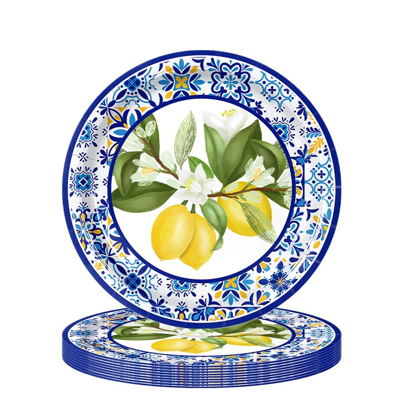 ZRLABL Lemon Floral Disposable Paper Plates, 40 Pack, 9 Inch