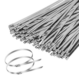 TOMSHUB 100 Pcs Metal Zip Ties 11.8 inch 304 Stainless Steel Zip Ties Heavy Duty Outdoor Multi-purpose Self-locking Cable Ties for Exhaust Wrap, Chain Link Fence, Wire Fence Rolls, Poultry Fence