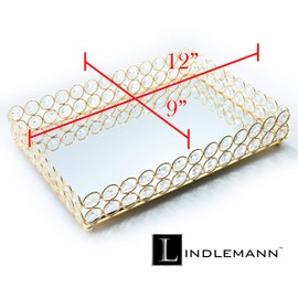 LINDLEMANN Decorative Tray Metal Mirrored Vanity Trays Crystal Ornate Perfume Jewelry Makeup Dish Dresser Countertop Organizer for Home Decoration & Holiday Party (Rectangle, 12x9in, Gold)