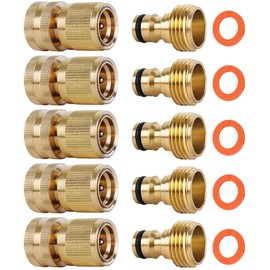 SHOWNEW Garden Hose Quick Connectors, Solid Brass 3/4 inch GHT Thread Easy Connect Fittings No-Leak Water Hose Male Female Value Pack (5)