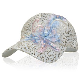 NiceYnn Charm Lace Mesh Baseball Cap, Bling Sequin Flower Breathable Adjustable Snapback Trucker Caps, Girls UPF 50+ Travel Summer Sun Hat Visor Hip Hop Golf Hats