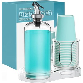Mouthwash Dispenser for Bathroom with Cup Holder Detachable Glass Mouthwash Container 16 Oz Refillable Mouthwash Dispenser for Countertop Lightweight - Color: Clear