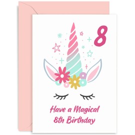 Old English Co. Unicorn Magic Birthday Card for Her - Birthday Card for Girl Boy | Whimsical Flower Glitter Unicorn Design Birthday Party for Her | Blank Inside with Envelope (8th)