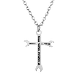 Cupimatch Men's Wrench Cross Pendant Necklace Titanium Steel Bible Verse Philippians 4:13 I CAN DO ALL THINGS Plumber Tool Cross with 22" Chain Black Gold Silver