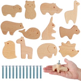 12Pcs Wooden Animal Drawer Knobs With Screws, Furniture Handles for Children's Room Nursery Closet Cabinet Door, Pull Knob Decor
