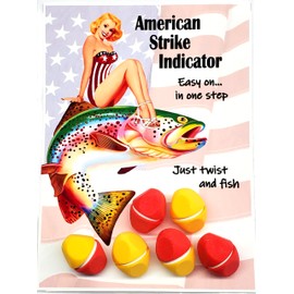 American Strike Indicator Fly Fishing Float. Unified Design. No Need to take Apart: Just Insert Line, Twist and Fish. Zero Parts to Drop and Lose. Tactile Finger-Grip Shape. Red and Yellow 6 pack