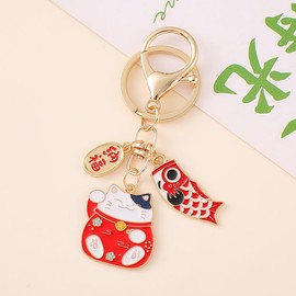 POYAMUSE Japanese Style Lucky Cat Keychain – Maneki Neko Fortune Charm with Fish, Feng Shui Good Luck Pendant for Bags or Keys (Fish-red)