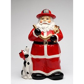 Cosmos Gifts 10715 Fine Ceramic Hand Painted Firefighter Santa Claus with Dalmation Cookie Jar, 11"H