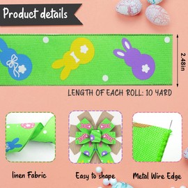 Estivaux Easter Bunny Ribbons 2.5 Inch ×10 Yards, Green Wired Edge Ribbons Spring Rabbits Ribbon Bows for Gift Wrapping Easter Party Decorations