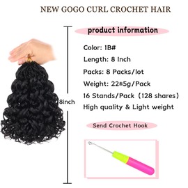 8 Inch Gogo Curl Crochet Hair 8 Packs Ocean Wave Crochet Hair Deep Twist Pre-looped Goddess Box Braids Short Curly Water Wave Synthetic Braiding Hair for Women (16Strands/pack 1B#)