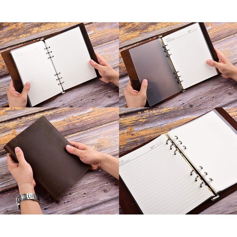 Anzhi Handgefertigtes Leder Ringbuch A5, Notizbuch mit Lederhülle, 23 x