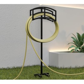 Kingson Heavy-Duty Metal Garden Hose Holder - Detachable & Freestanding Hose Stand with 4 Anchor Points, Black (Outdoor Use)