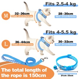 VINEST Cat Harness with Lead, Escape Proof for 2.5-5.5 kg Cats, Puppies, 150 cm Cat Lead with Harness, Reflective, Soft Mesh Cat Harness, Escape Proof with Cat Collar (Blue, L)