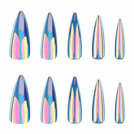 BABALAL Stiletto Press on Nails Long Fake Nails Blue Chrome Glue on Nail Cat Eye Bling Acrylic Nails Shiny False Nails 24Pcs Manicure Stick on Nails Almond Glossy Artificial Nails